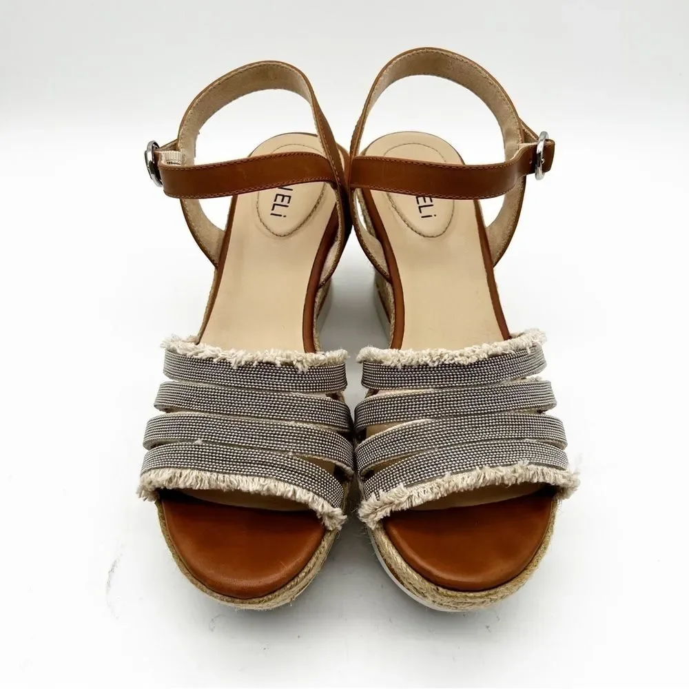 Vaneli Caila Tan Natural Canvas Silver Beaded Espadrille Wedge Boho Sandal 9.5